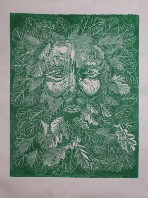 Lino cut of a green man