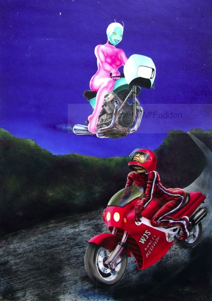 painting: a female alien rides an airborne wheel-less guzzi above a shocked japanese bike rider.