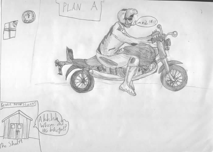 Cal's pictorial plan to steal the Jackal "Let's ride!" has an inset of the shed with my shout "Ah -where did the bike go?"